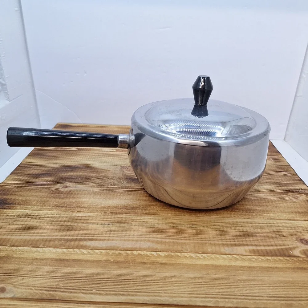 Vintage Japan Stainless Steel Fondue‎ Pot Black Handle w/lid